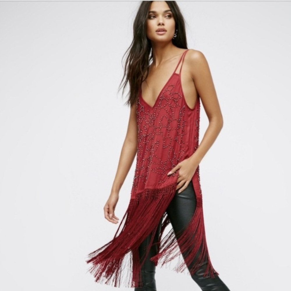 FREE PEOPLE Midnight Party Flapper Fringe Tunic Top Dress S Burgundy Boho Indie